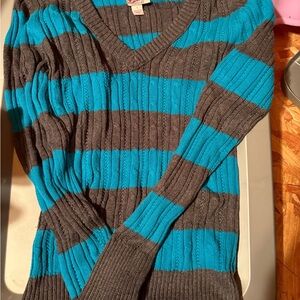 Arizona Jean Company Women's V-Neck Striped Sweater - Teal and Charcoal